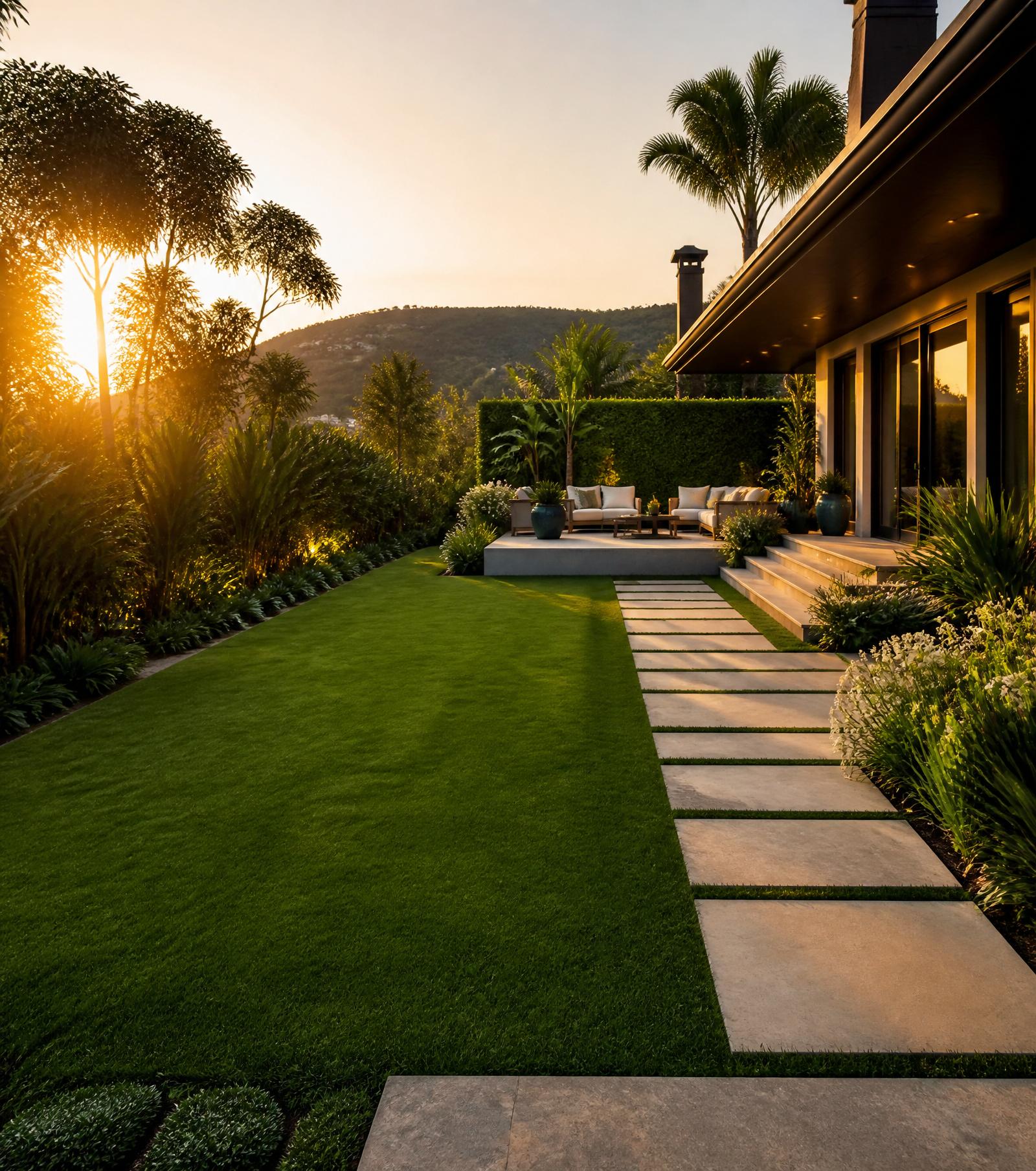 Luxury landscaped garden at golden hour